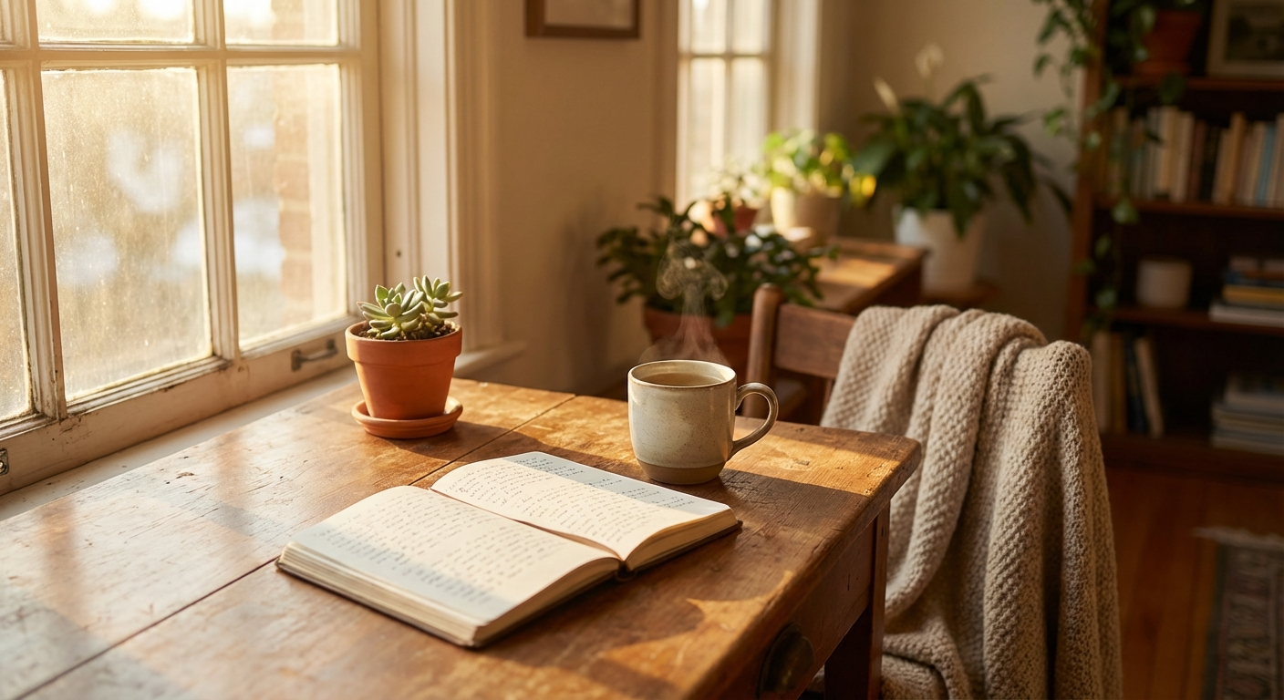 Cozy morning workspace with journal and tea